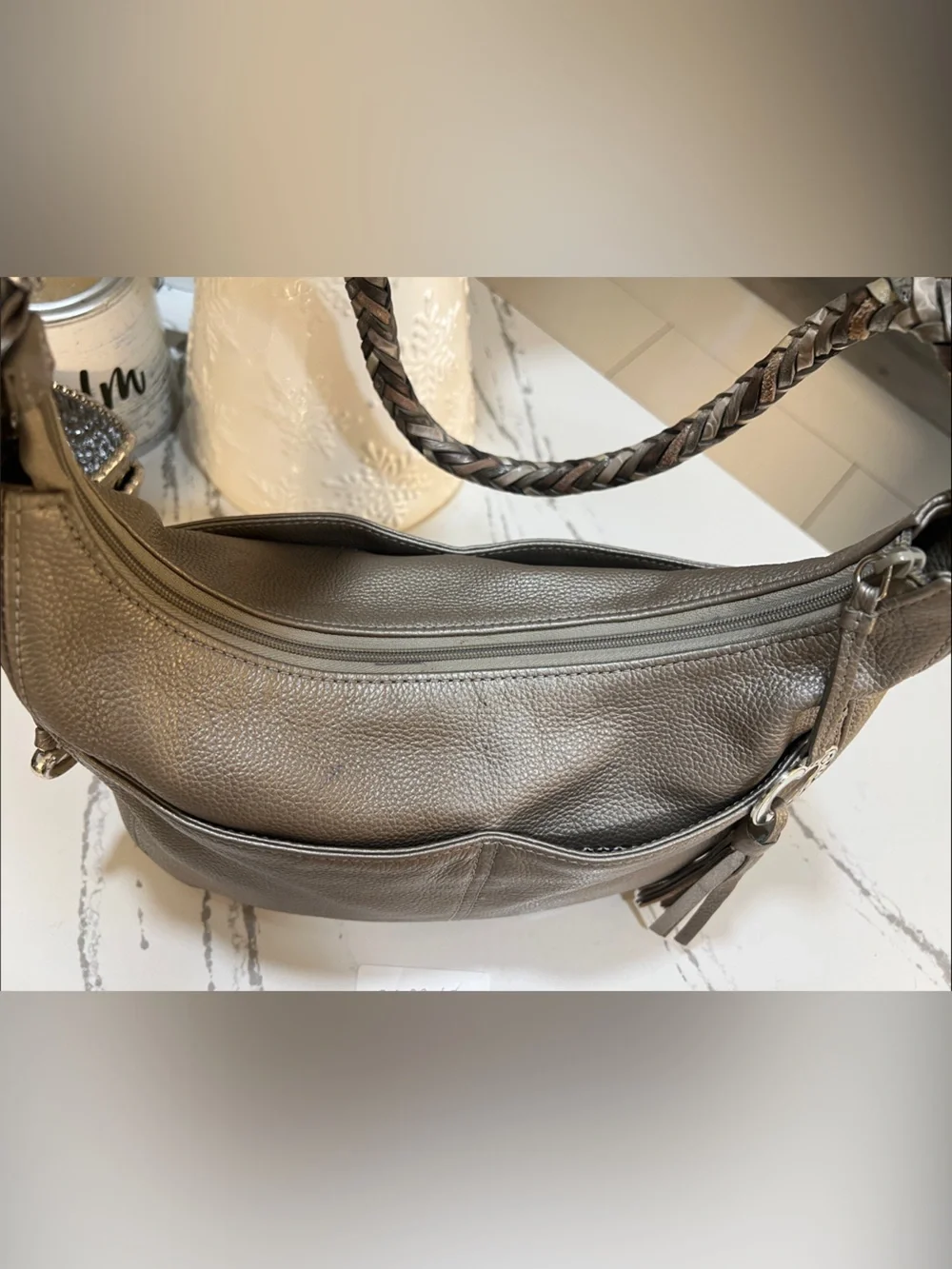 Brighton Metallic Taupe Pewter Leather Shoulder Bag with Braided Strap